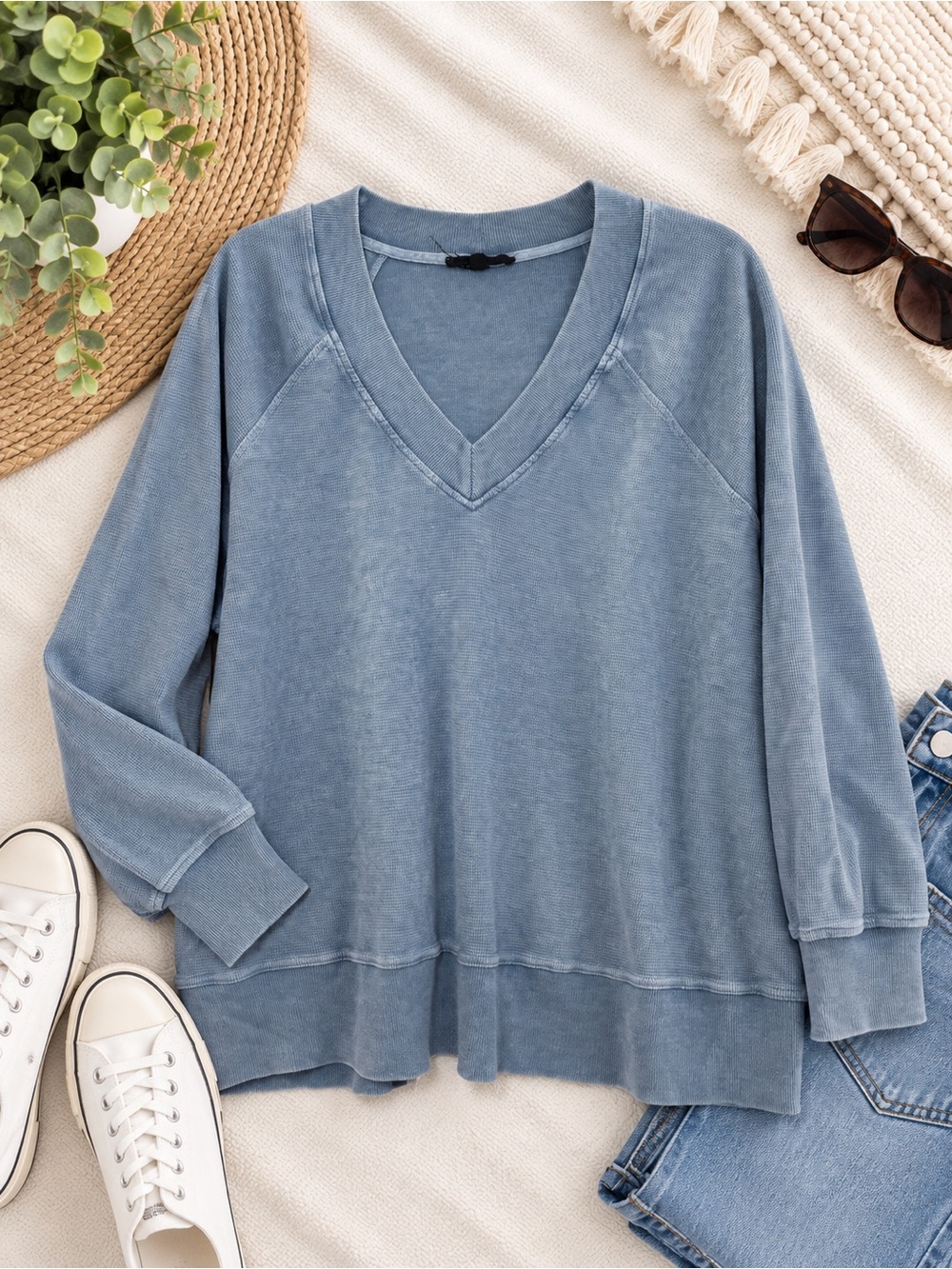 Washed Blue V-Neck Women's Sweater